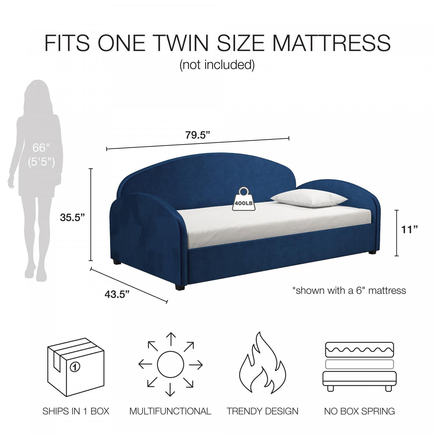 Moon Upholstered Twin Daybed - Blue Velvet