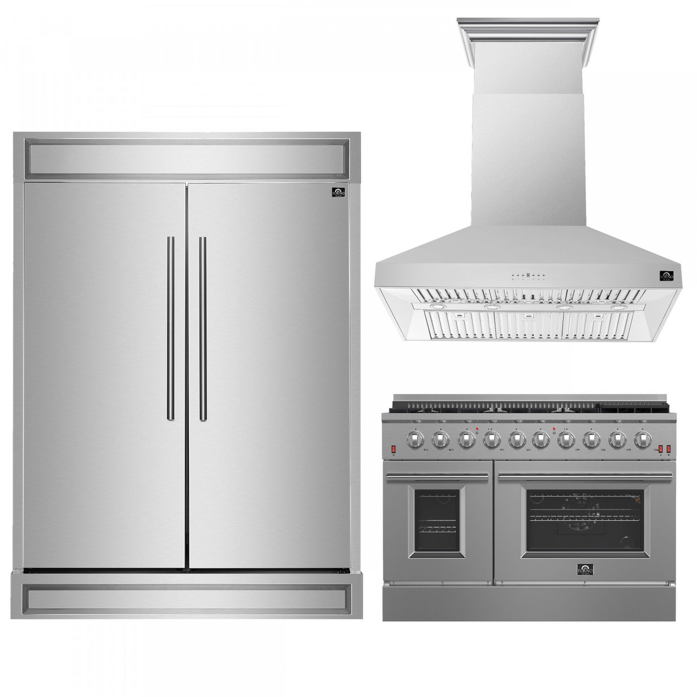 Forno Premium Stainless Steel Kitchen Package with 48" Gas Range, 2 28" Convertible Refrigerator/Freezer and 48" Range Hood - FBDL-018-04CAUS