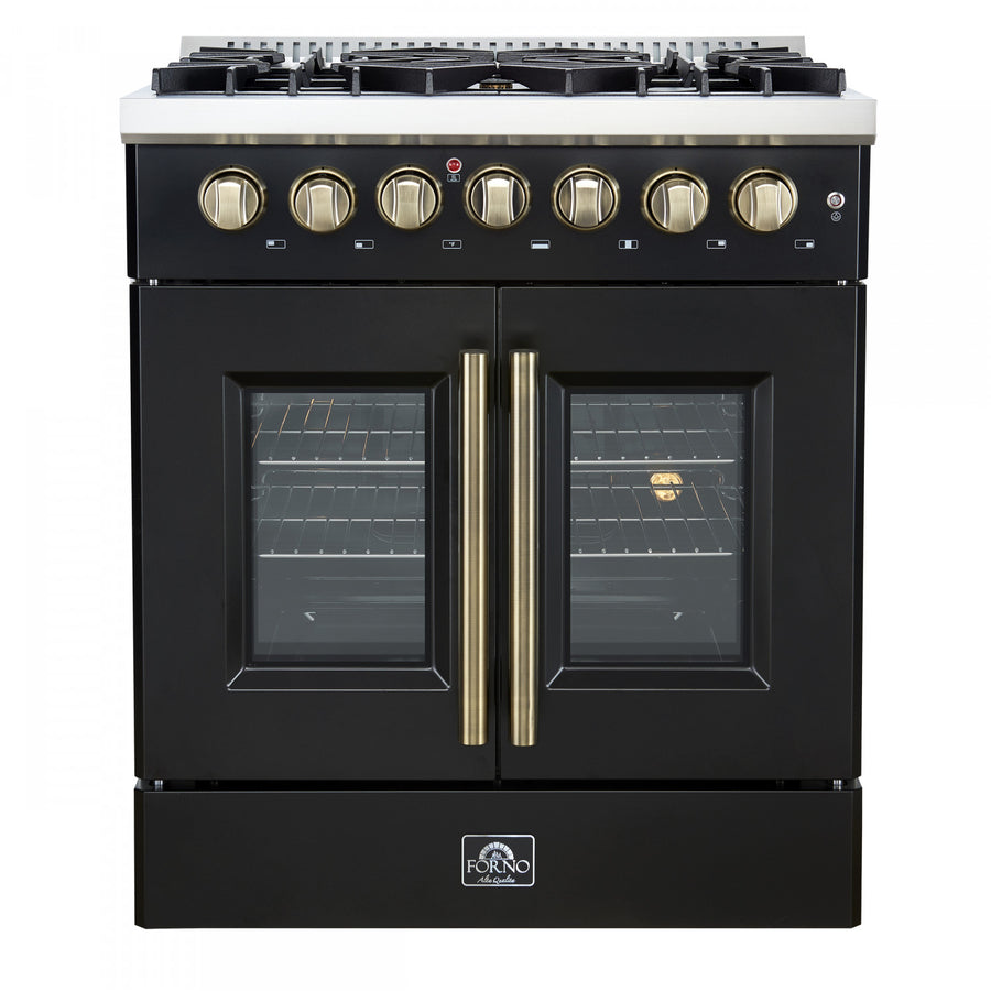 Forno Galiano 30" Black French Door Dual Fuel Range with True Convection (4.32 Cu. Ft.) - FFSGS6356-30BLK
