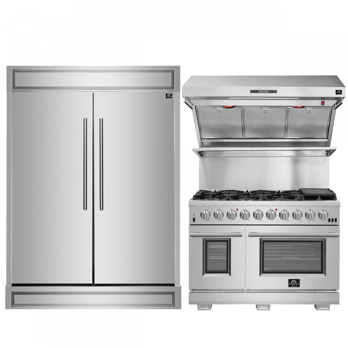 Forno Premium Stainless Steel Kitchen Package with 48" Gas Range, 2 28" Convertible Refrigerator/Freezer and 48" Range Hood - FBDL-019-07CAUS