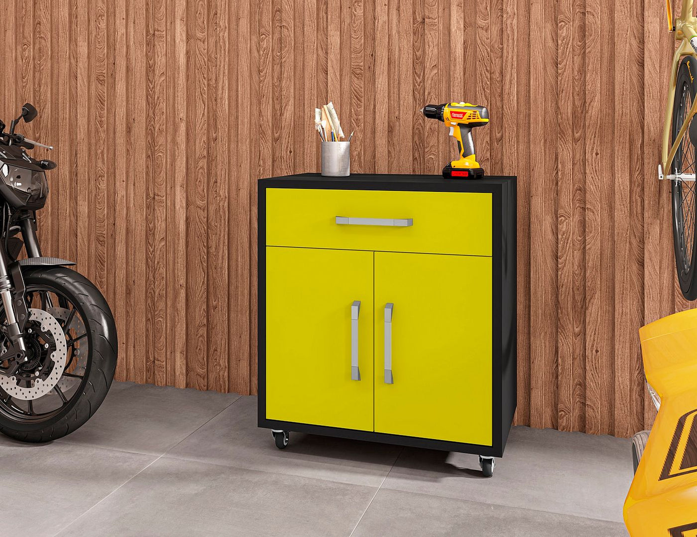 Lunde Mobile Garage Cabinet - Matte Black/Yellow - Set of 2