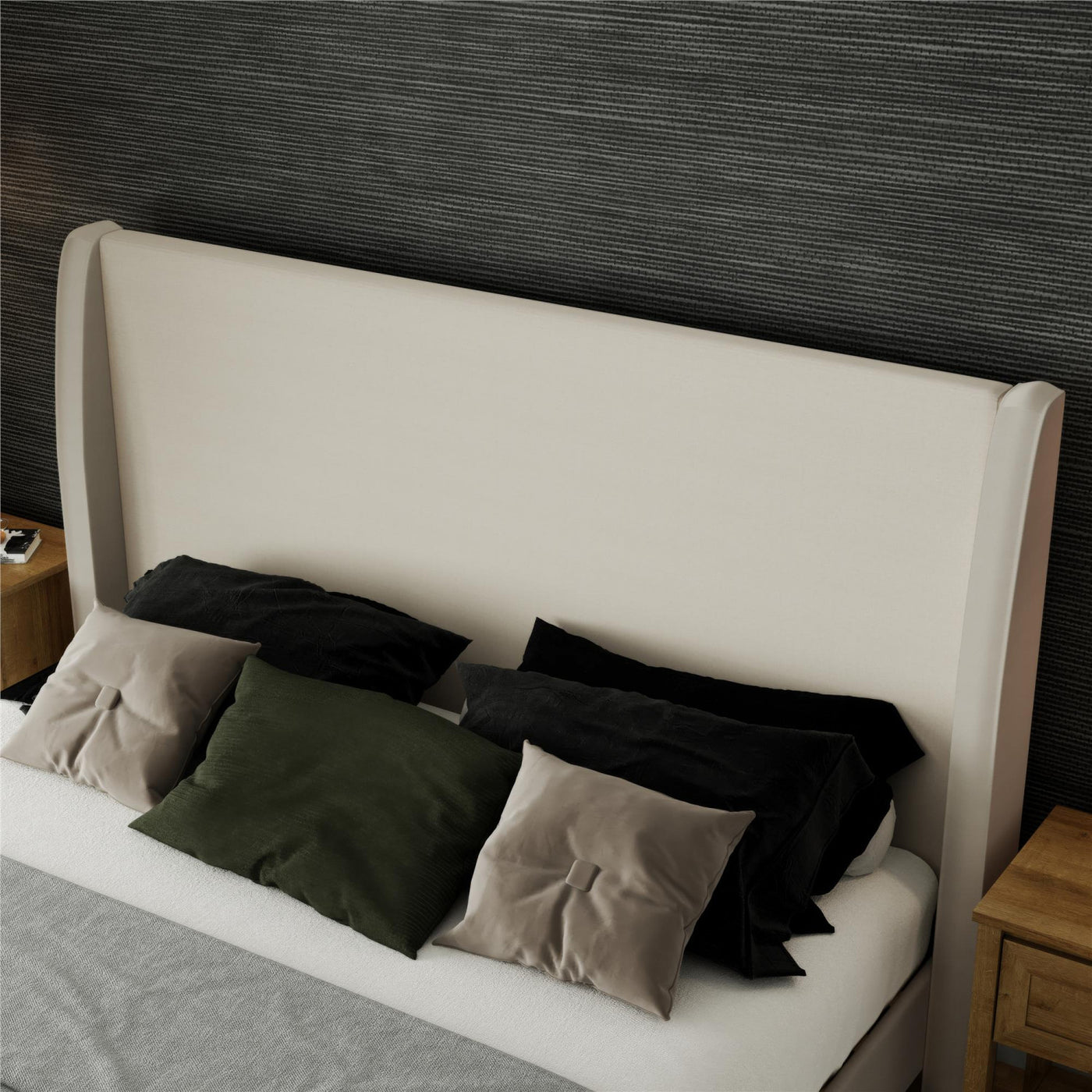 Tess Upholstered Wingback Queen Bed - Ivory Linen