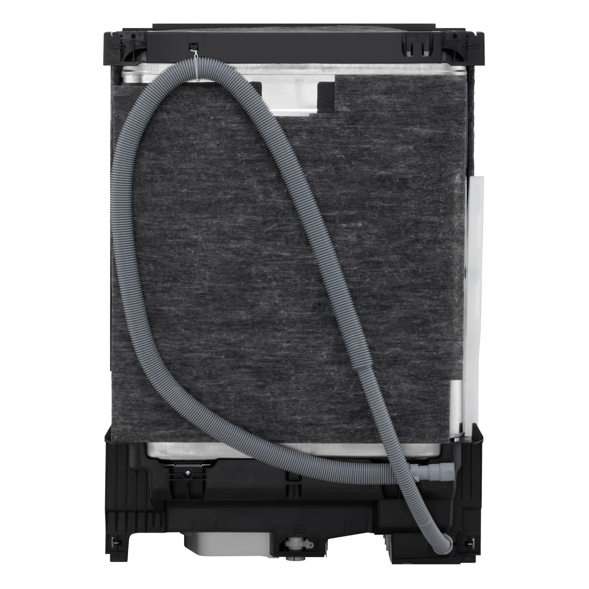 Rear view of LG Stainless Steel FlushFit Dishwasher showing insulated cabinet, drain hose and lower base assembly