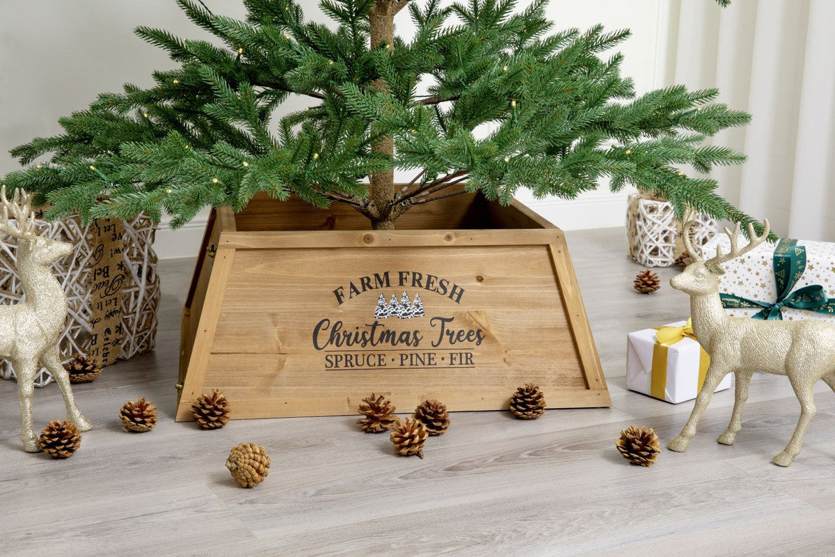 Arendal Small Wooden Farmhouse Christmas Tree Collar - Natural Brown