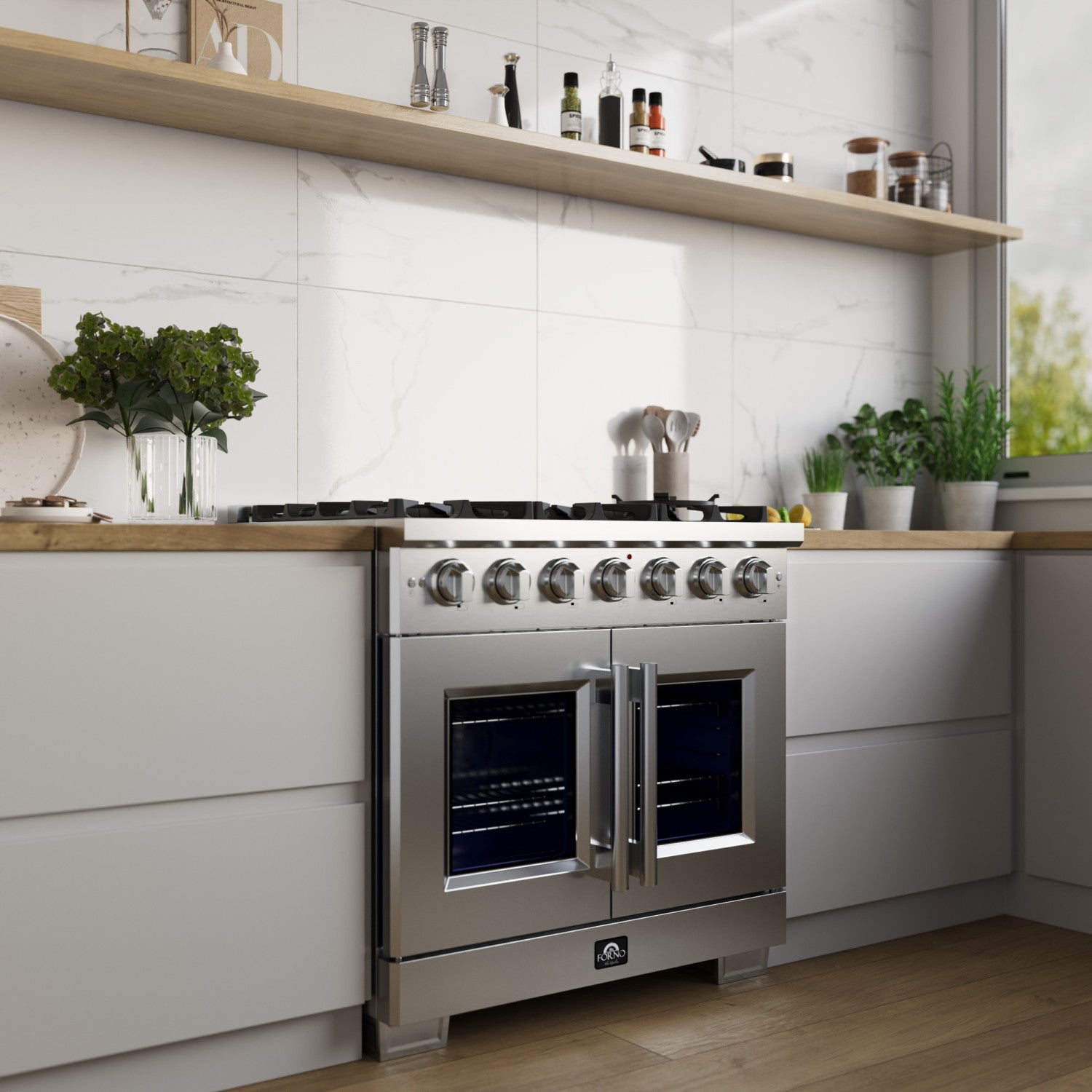 Forno Capriasca 36" Stainless Steel French Door Freestanding Gas Range with Air Fry (5.36 Cu. Ft.) - FFSGS6460-36