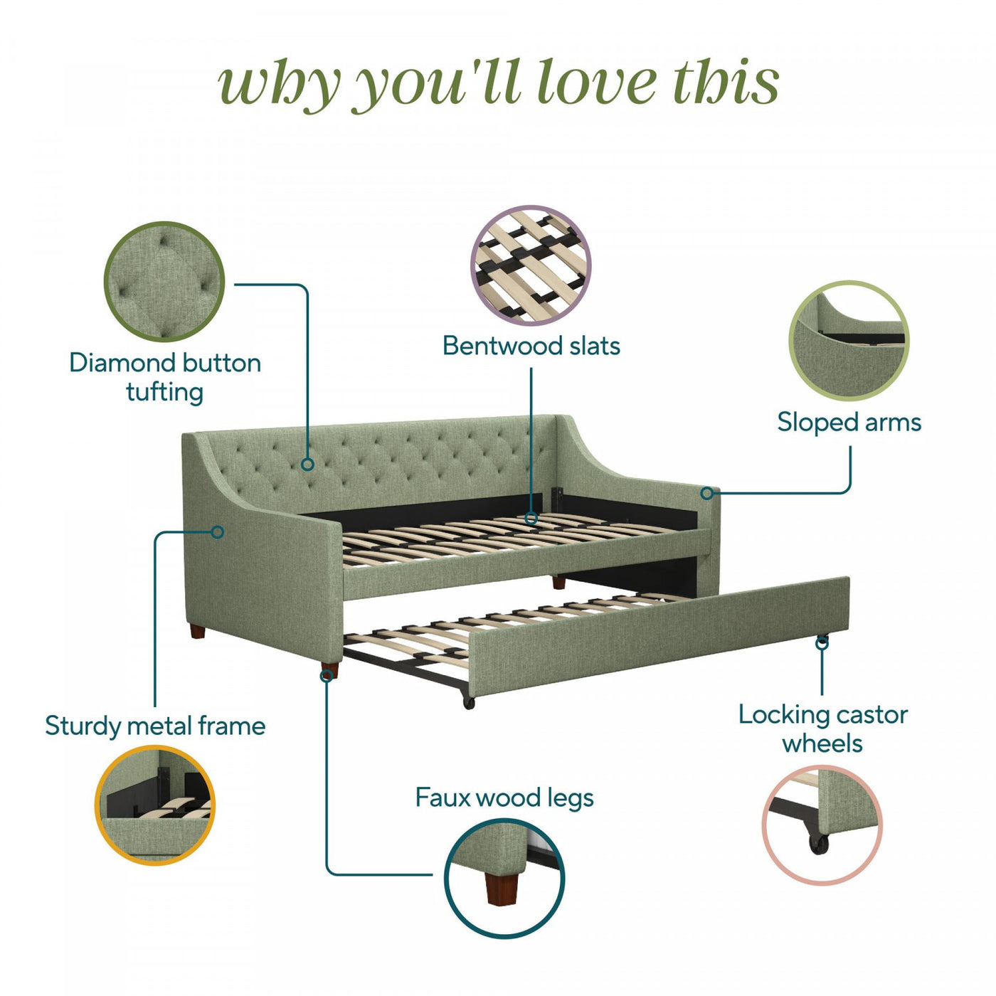 Novogratz Her Majesty Twin Daybed and Trundle - Light Jade