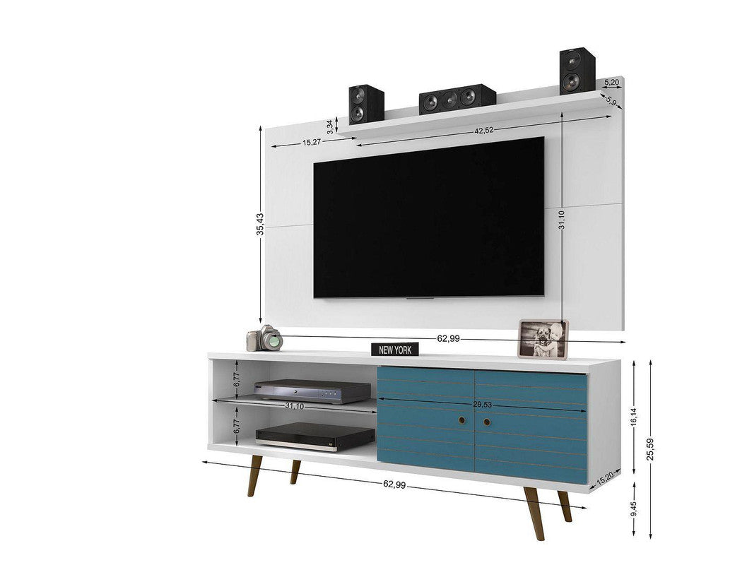 Lekedi 63" TV Stand and Panel Set - White/Aqua Blue
