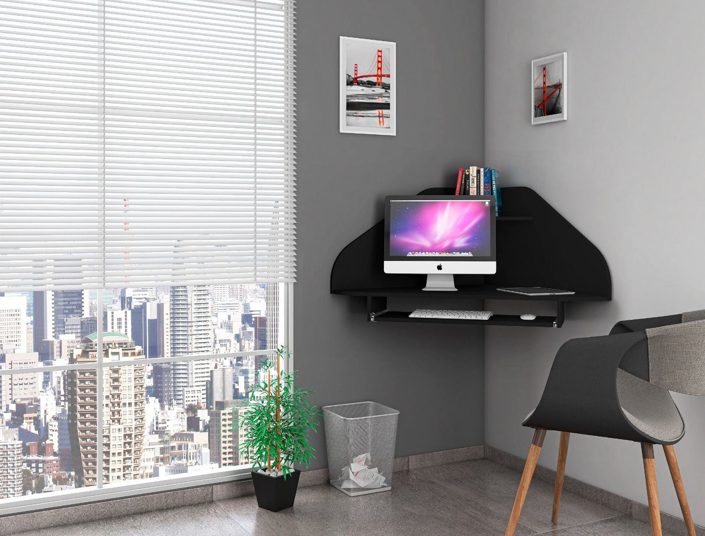 Gatutca Floating Corner Desk with Keyboard Shelf - Black