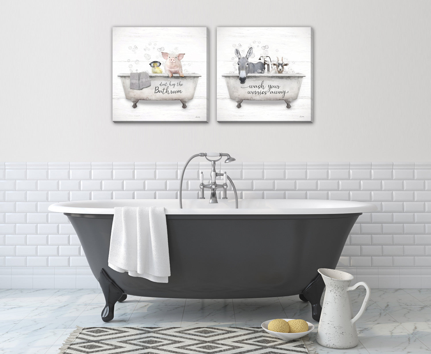 Tub Time Shenanigans Wall Art - Grey/White - 16 X 16 - Set of Two