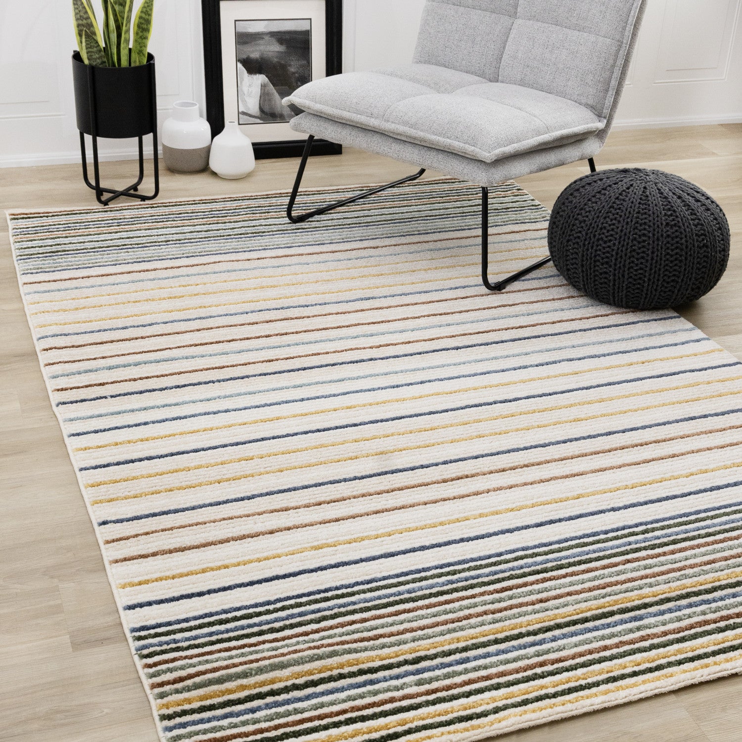 Nora Casual Contemporary Striped Area Rug - Cream Blue Yellow - 5' X 8'