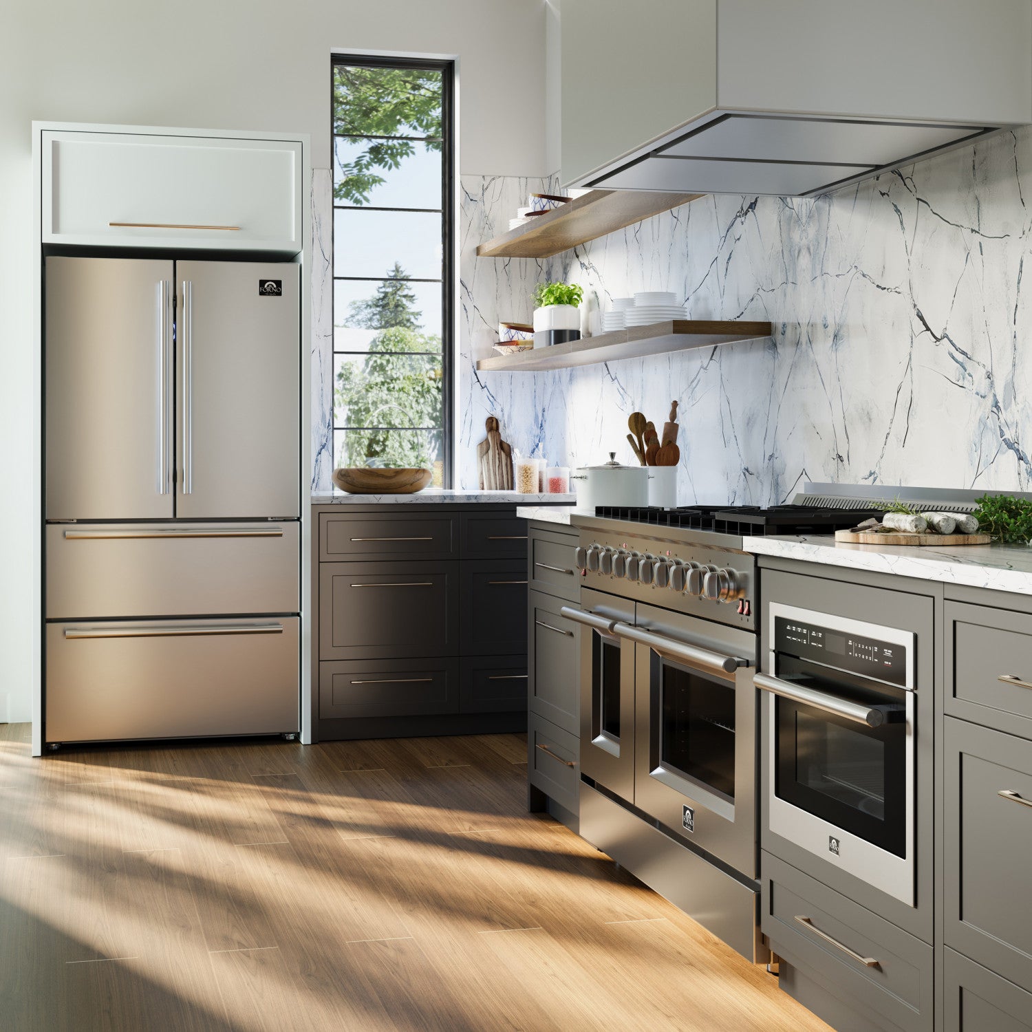Forno Premium Stainless Steel Kitchen Package with 48" Gas Range and 2 28" Convertible Refrigerator/Freezer - FBDL-018-03CAUS