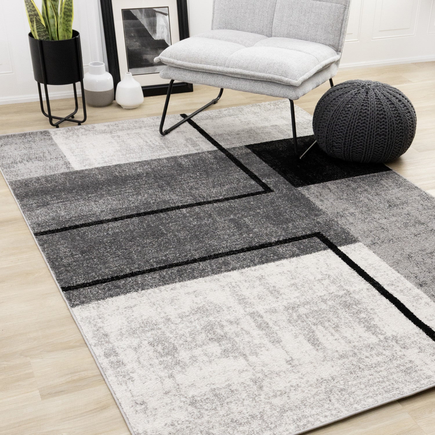 Elise Modern Geometric Area Rug - Grey Black White - 8' X 11'