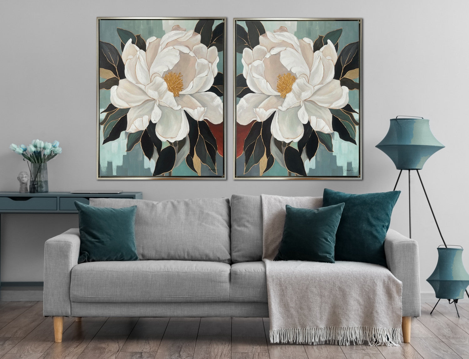 Petal Poise I Wall Art - White/Teal - 40 X 32