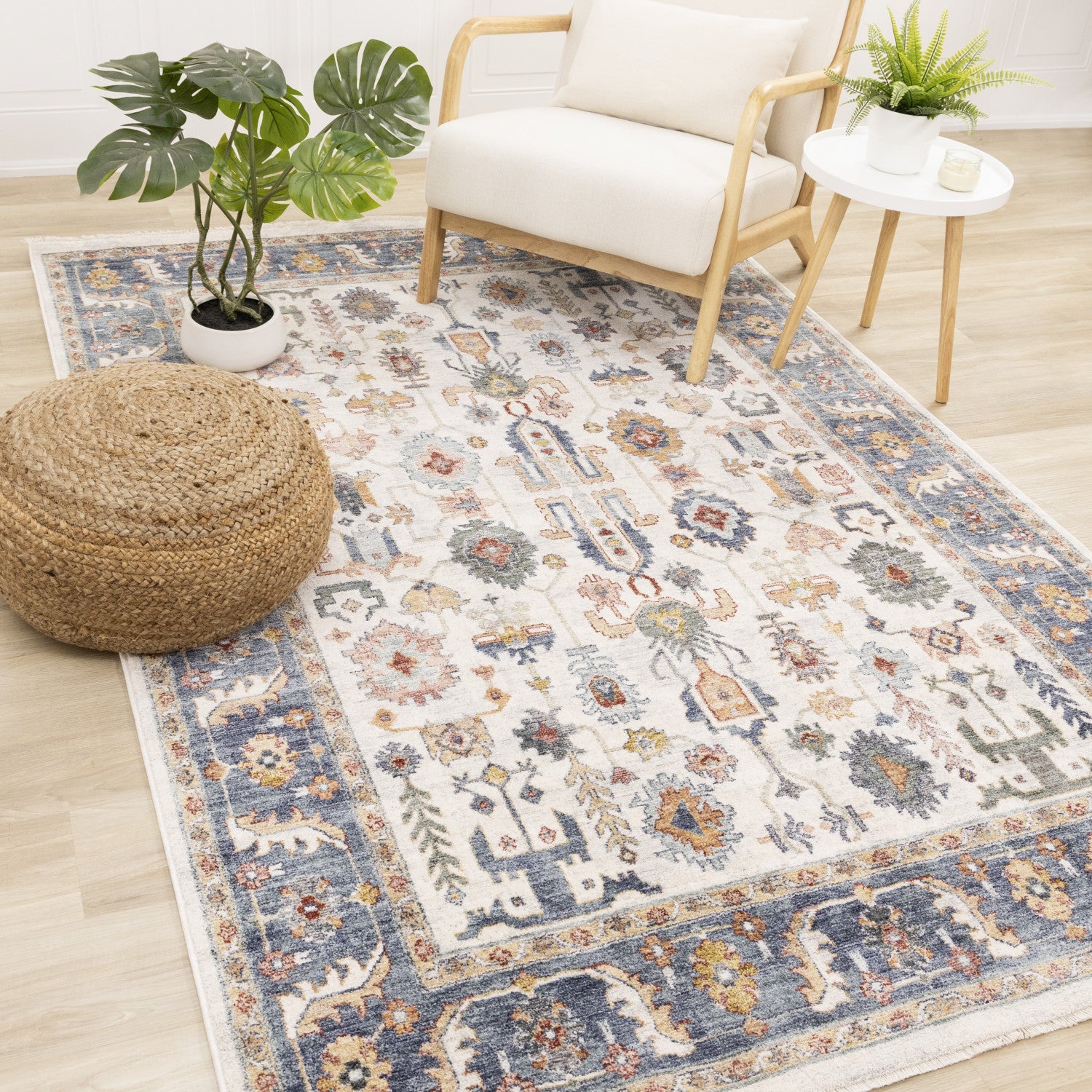 Macie Traditional Border Area Rug - 5' X 8' - Cream/Blue