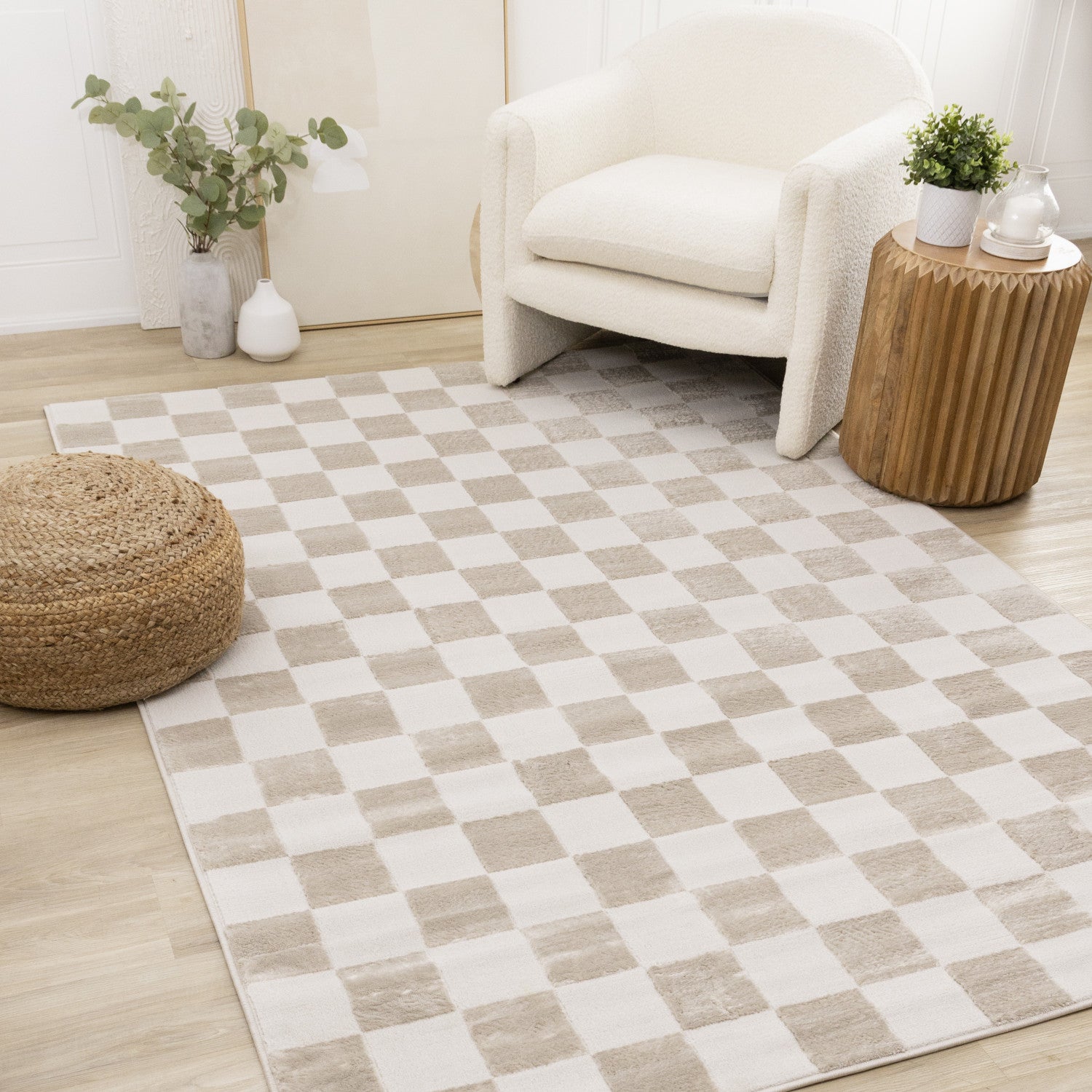 Logan Modern Checkered Area Rug - Beige Cream - 8' X 11'