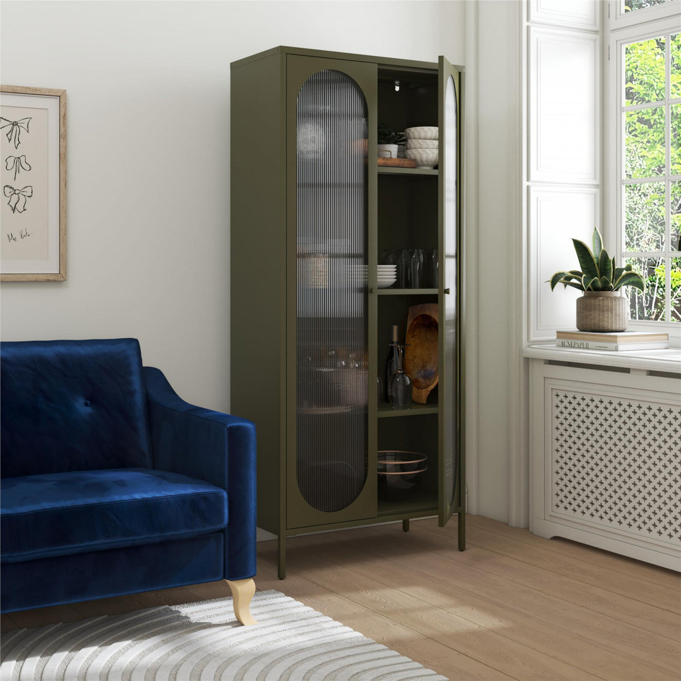 Luna Tall 2-Door Accent Cabinet with Fluted Glass - Olive Green