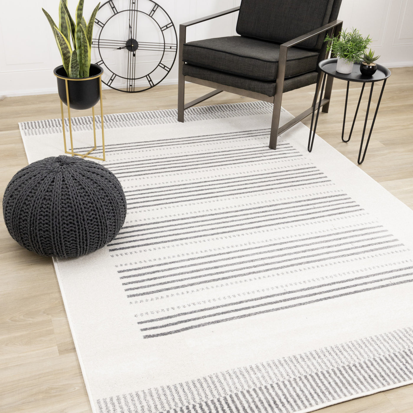 Claremont Sleek Modern Lines Area Rug - White Grey - 7' X 10'