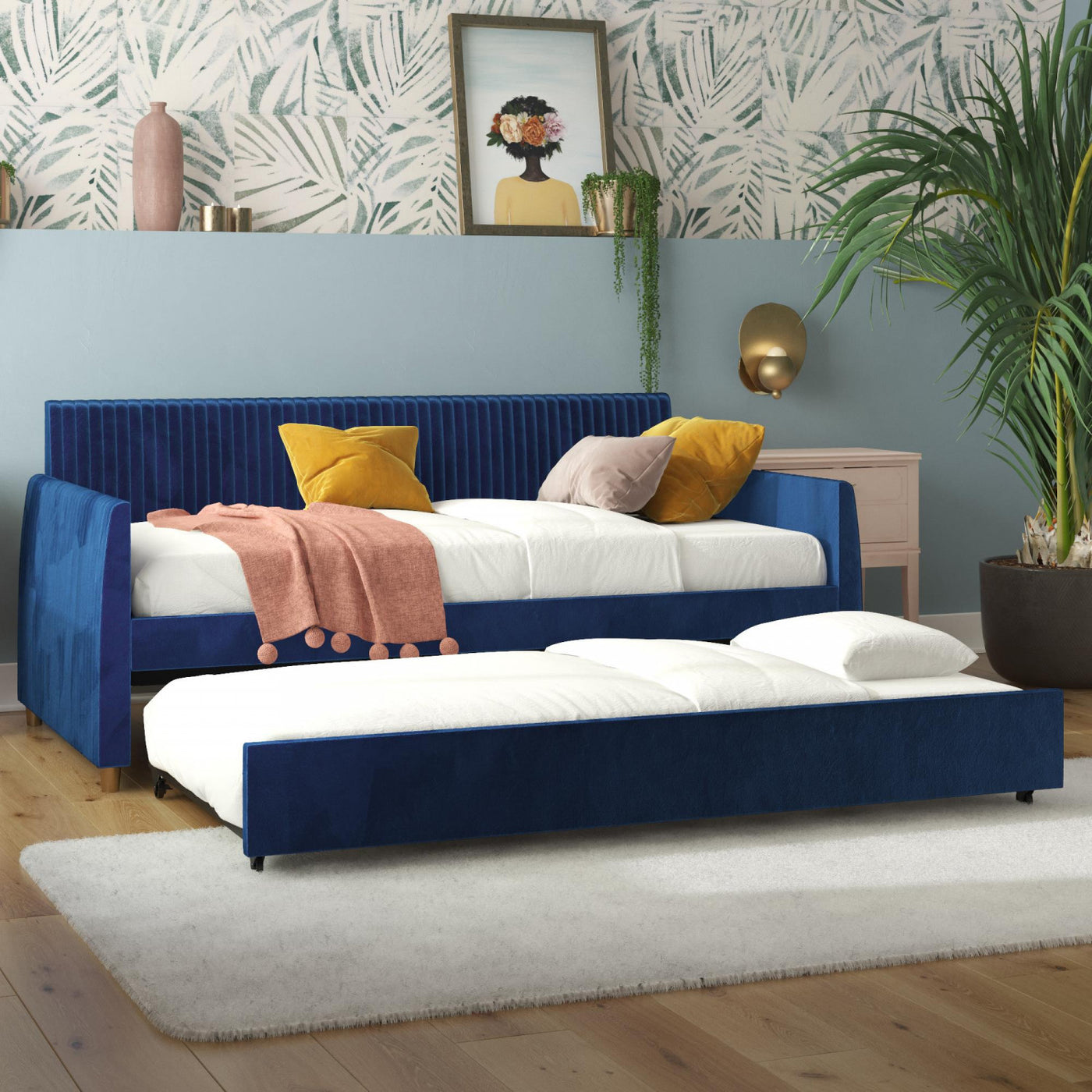 Daphne Upholstered Twin Daybed with Twin Trundle - Blue Velvet