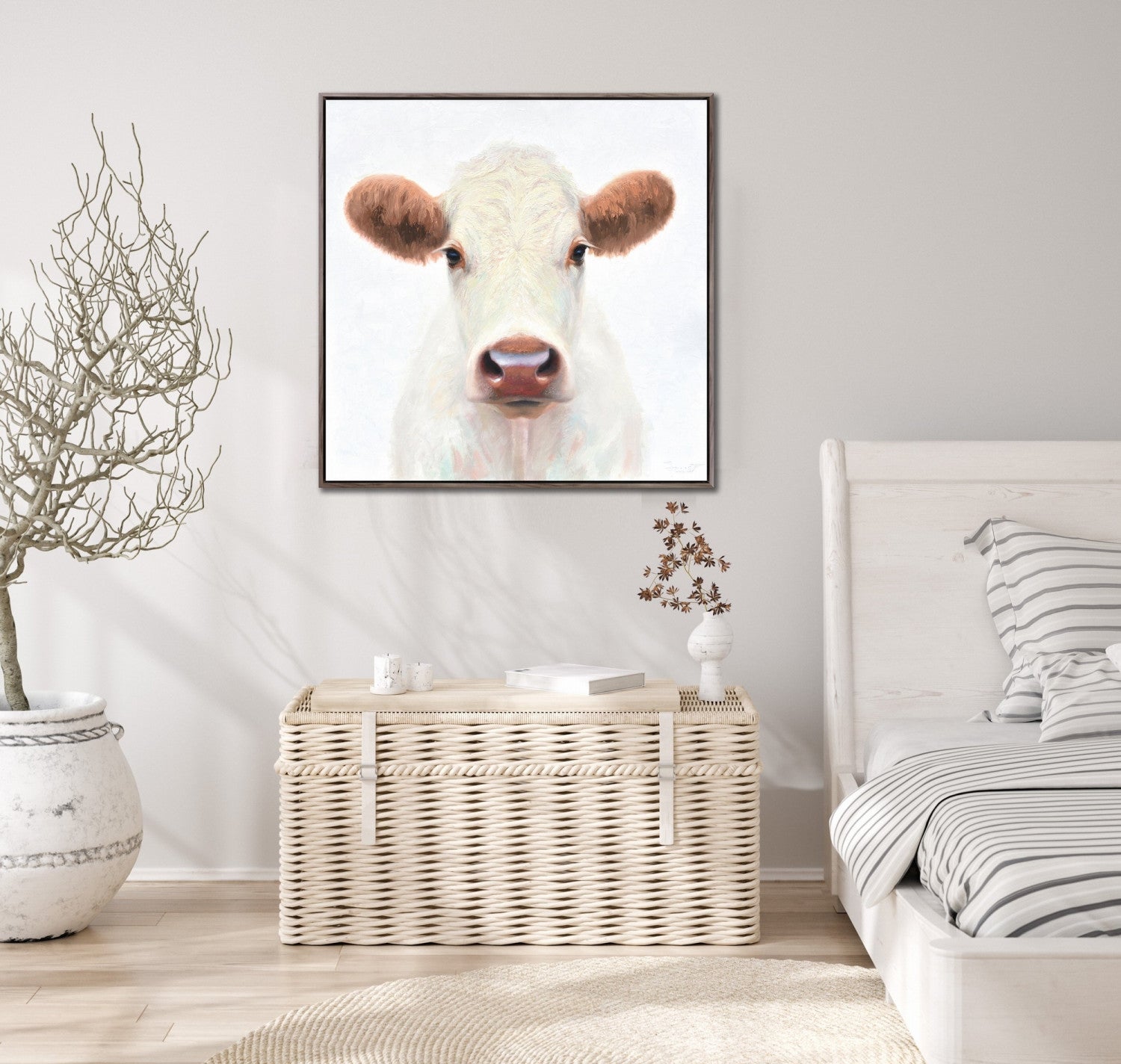 White Cow Portrait Wall Art - White - 24 X 24