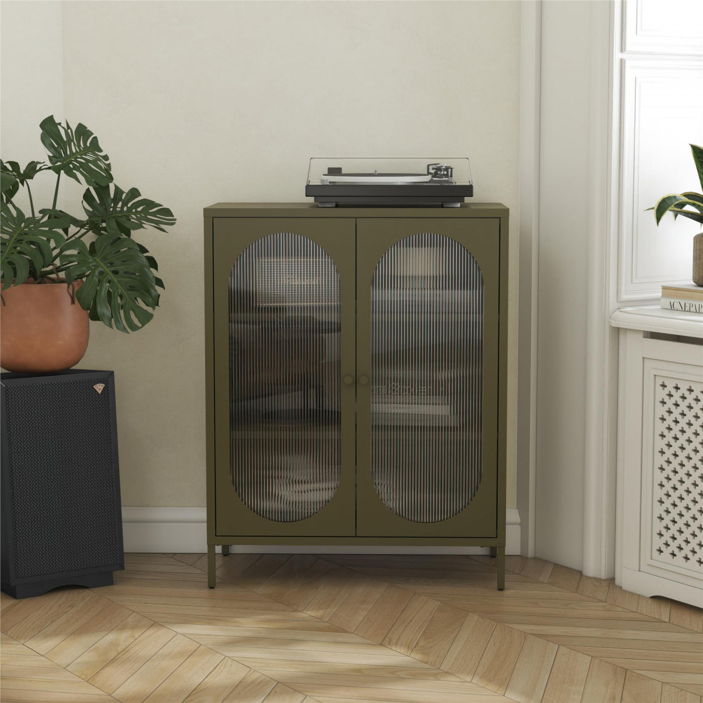Luna Short 2-Door Metal Accent Cabinet with Fluted Glass - Olive Green