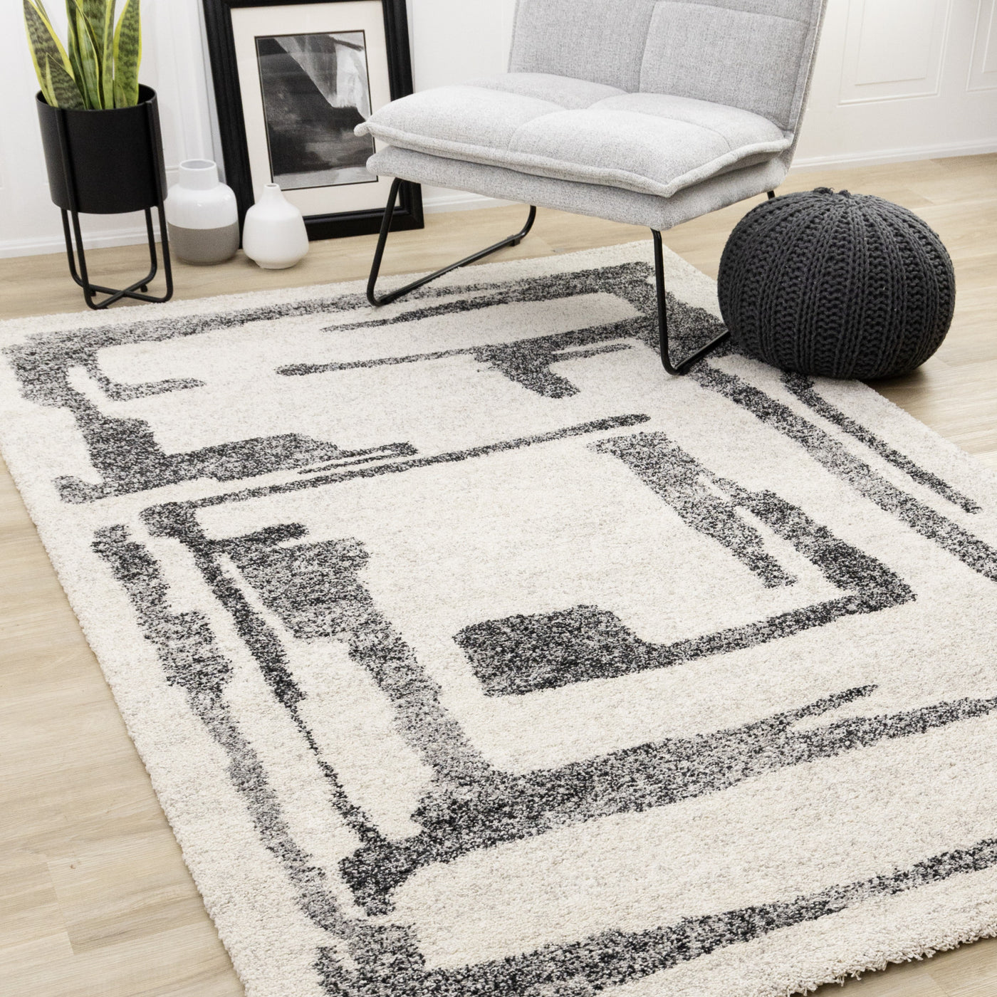 Marquee Modern Abstract Area Rug - Cream Black - 5' X 8'