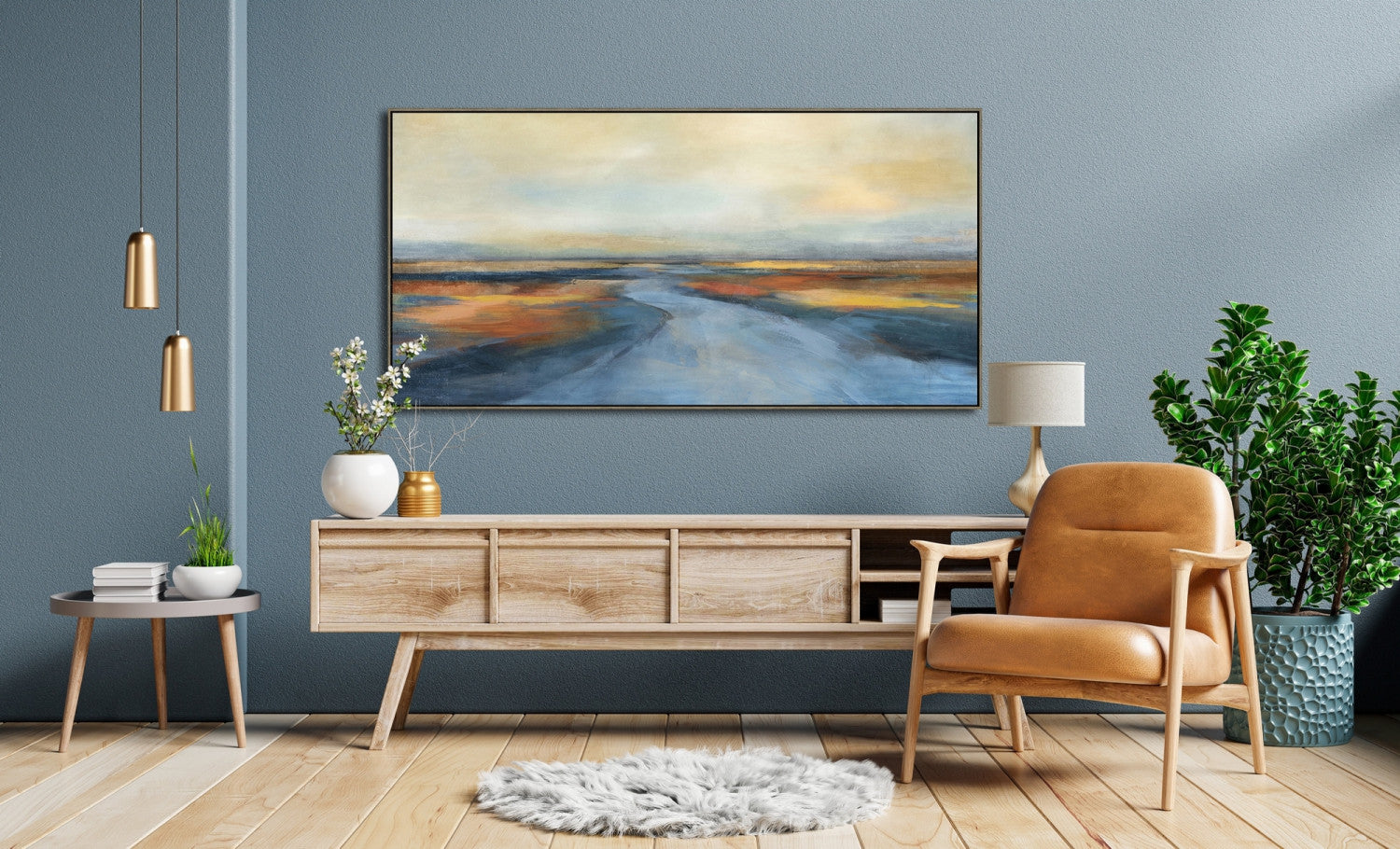 Golden Wanders Wall Art - Blue/Orange - 28 X 56