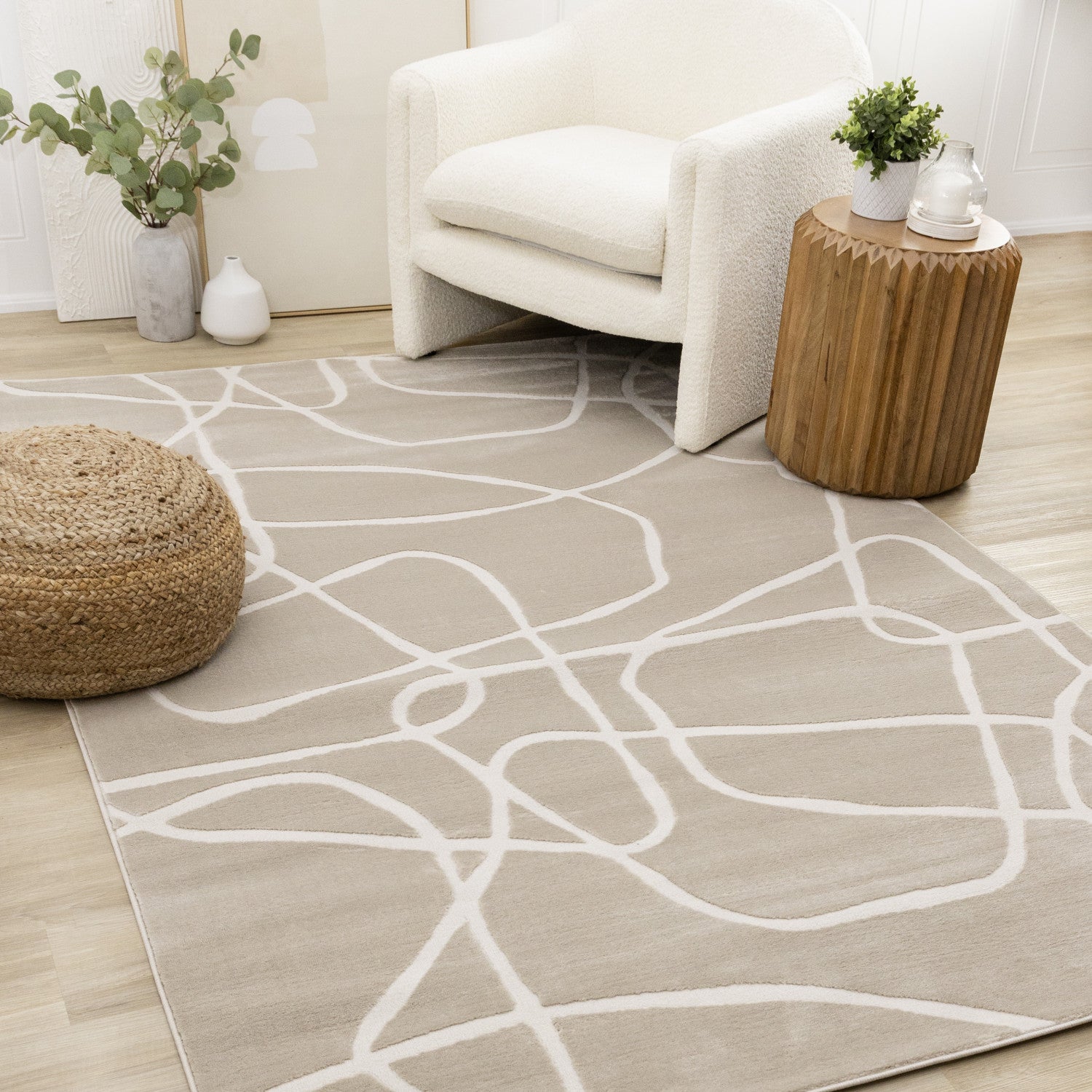 Logan Contemporary Swirls Area Rug - Beige Cream - 8' X 11'