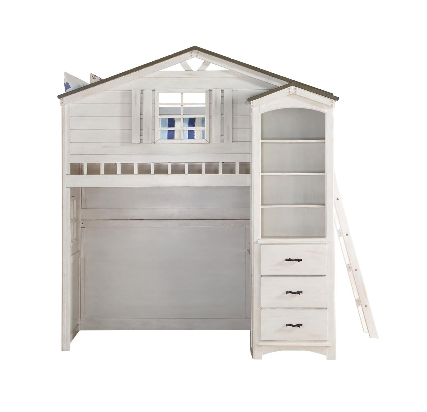 Djalu Twin Tree House Loft Bed with Bookcase - Weathered White