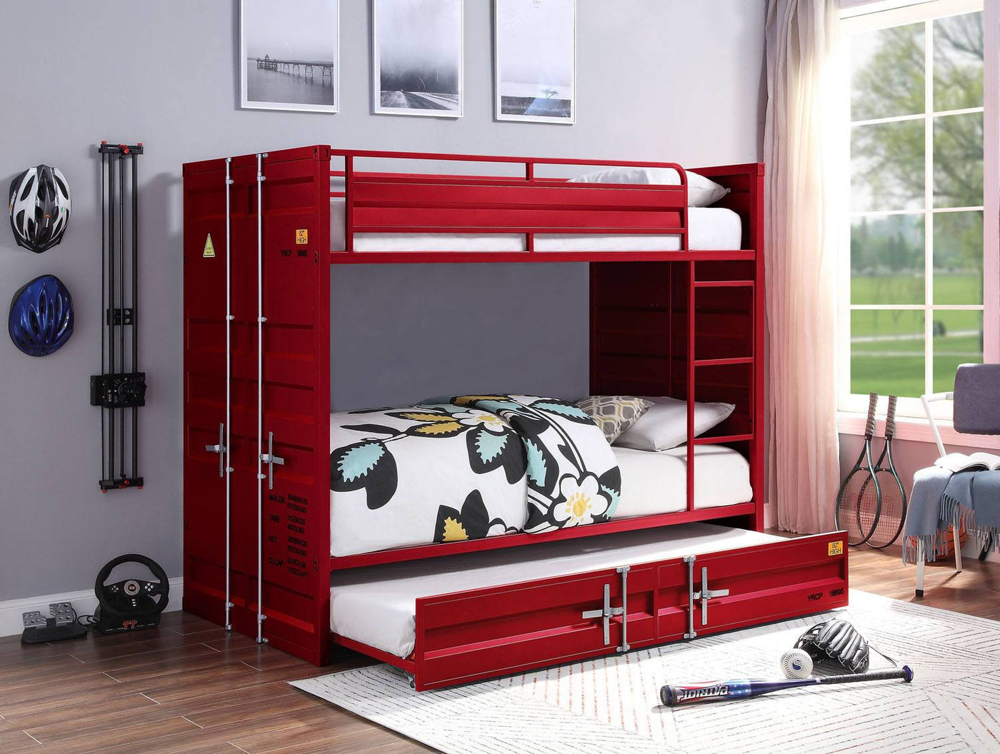 Konto Industrial Full Bunk Bed with Trundle - Red