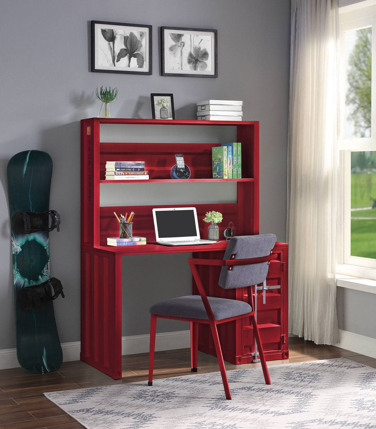 Konto Industrial Desk and Hutch - Red