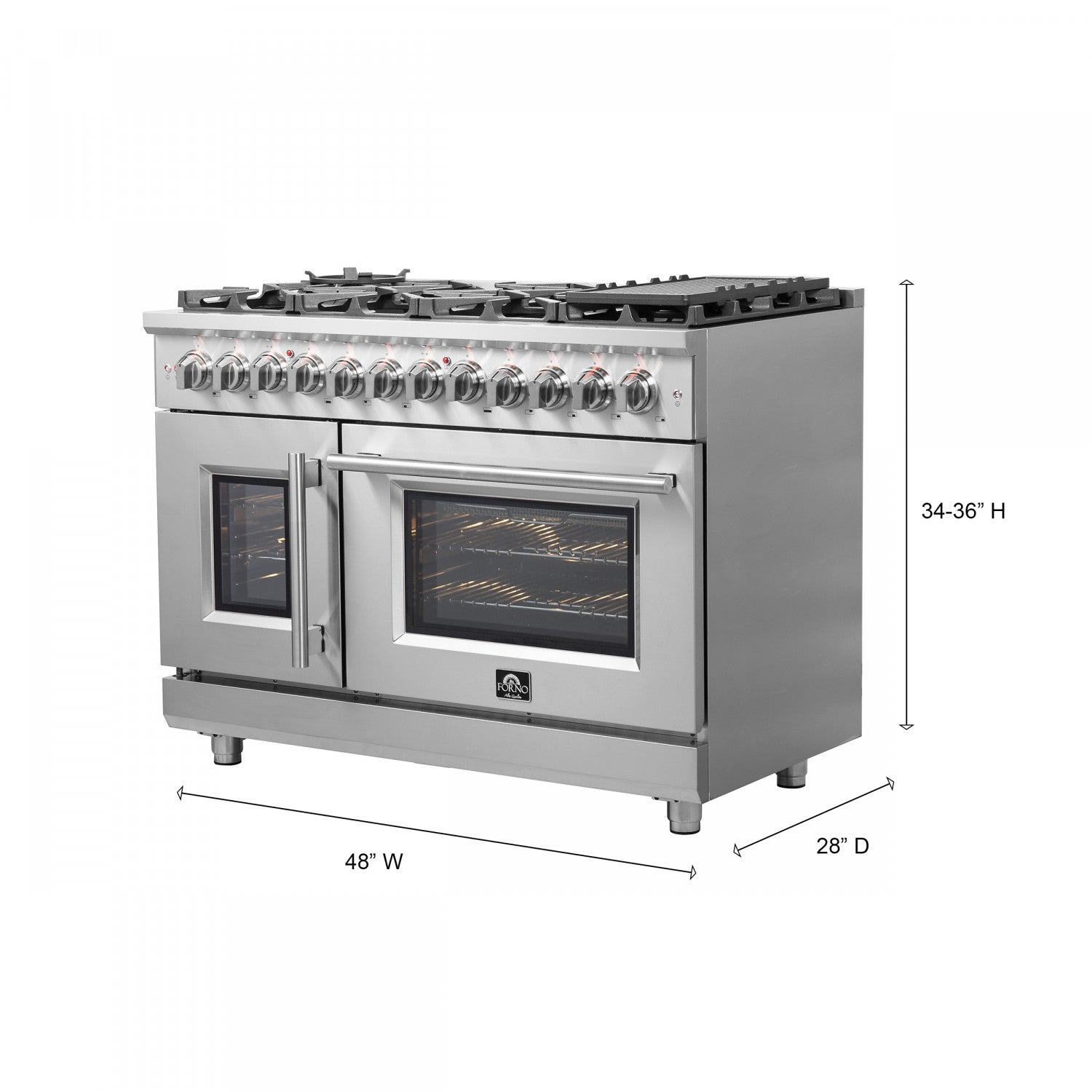 Forno Massimo 48" Stainless Steel Freestanding Dual Fuel Double Oven Range with Air Fry (6.58 Cu. Ft.) - FFSGS6325-48