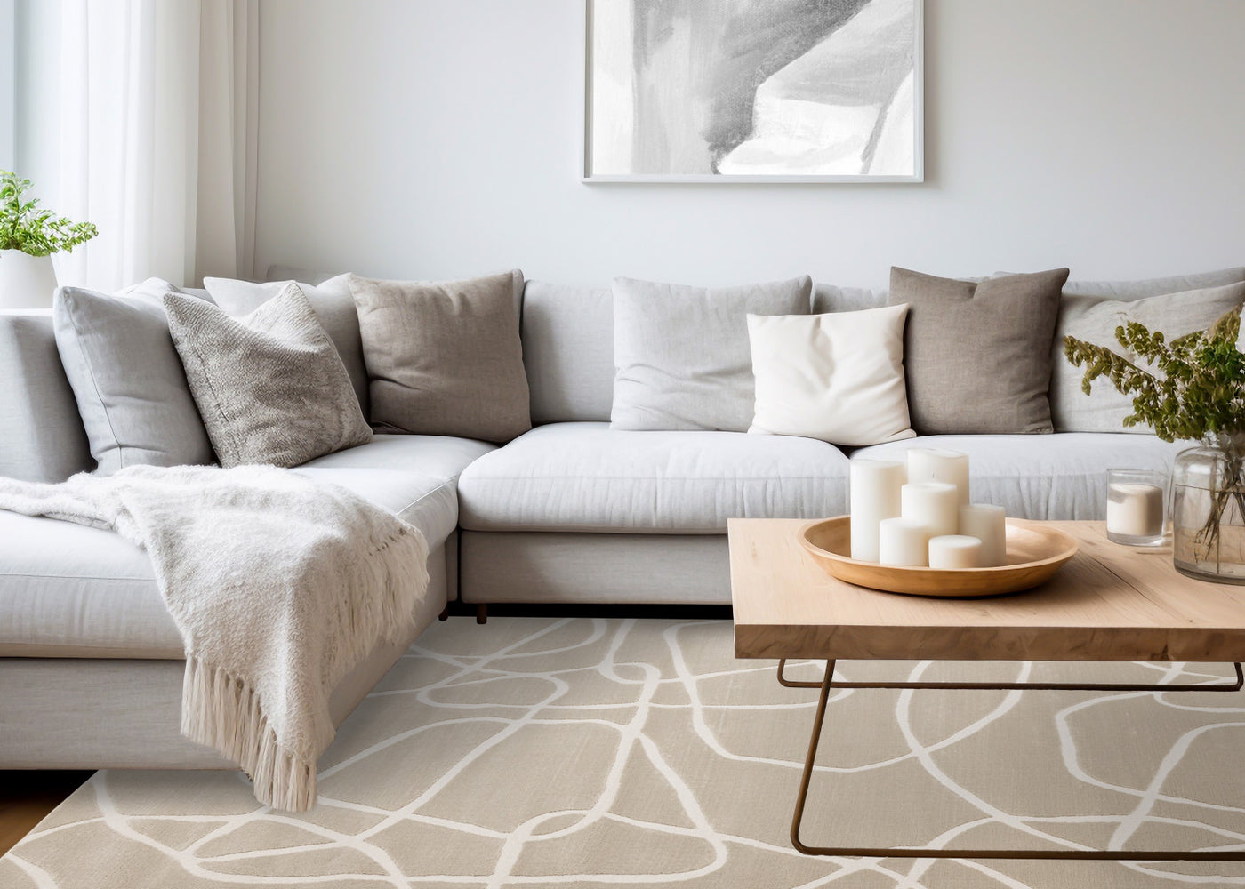 Logan Contemporary Swirls Area Rug - Beige Cream - 7' X 10'