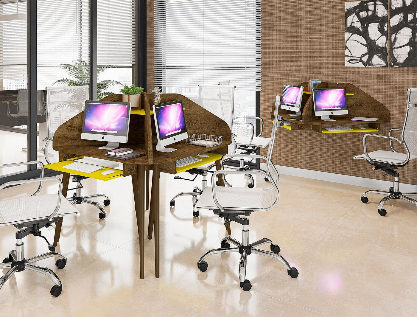 Gatutca Cubicle Section Desk with Keyboard Shelf Set of 4 - Rustic Brown/Yellow