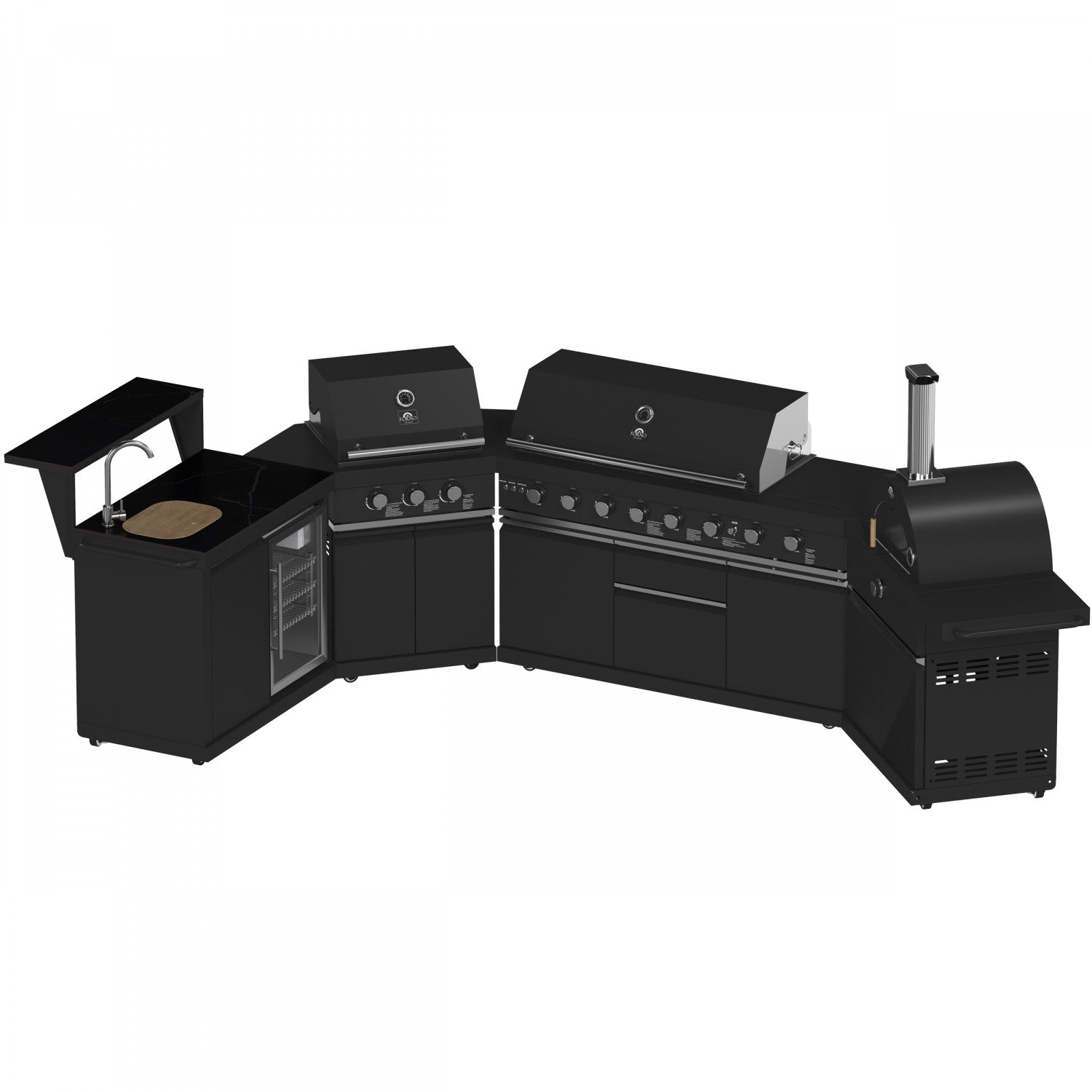 Forno All'Aperto Black Countertop Outdoor Kitchen with 86,600 BTU BBQ, 24" Plancha and 18" Pizza Oven - FODKT2568BLK