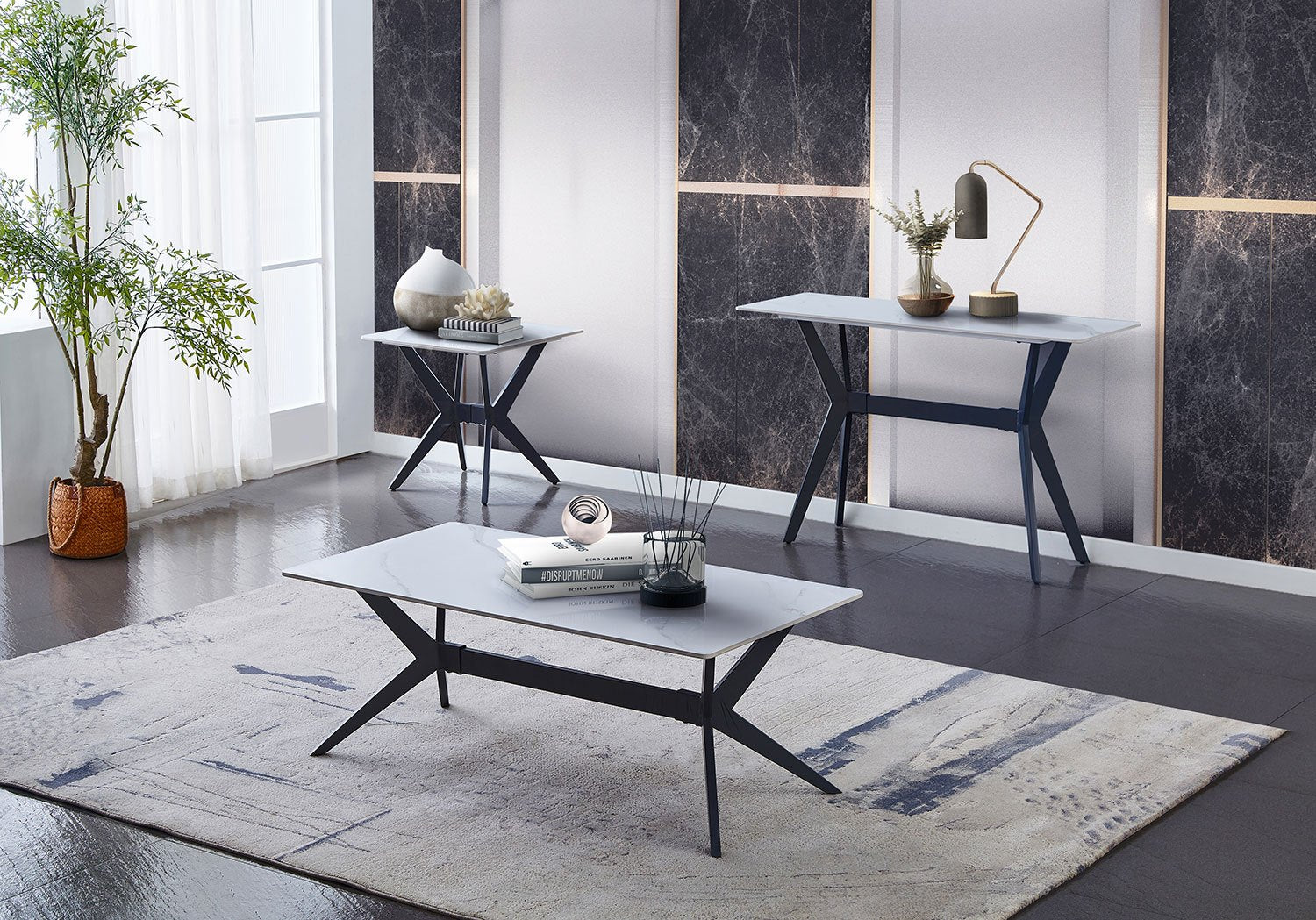 Kalani 21.75" End Table - White Sintered Stone & Black Metal