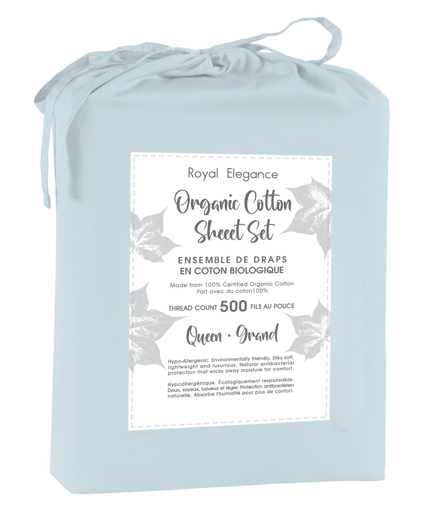 Cotton House 100% Organic Cotton Queen Sheet Set - 500 Thread Count Light Blue