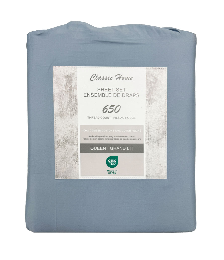 Cotton House 100% Combed Cotton Queen Sheet Set - 650 Thread Count Blue