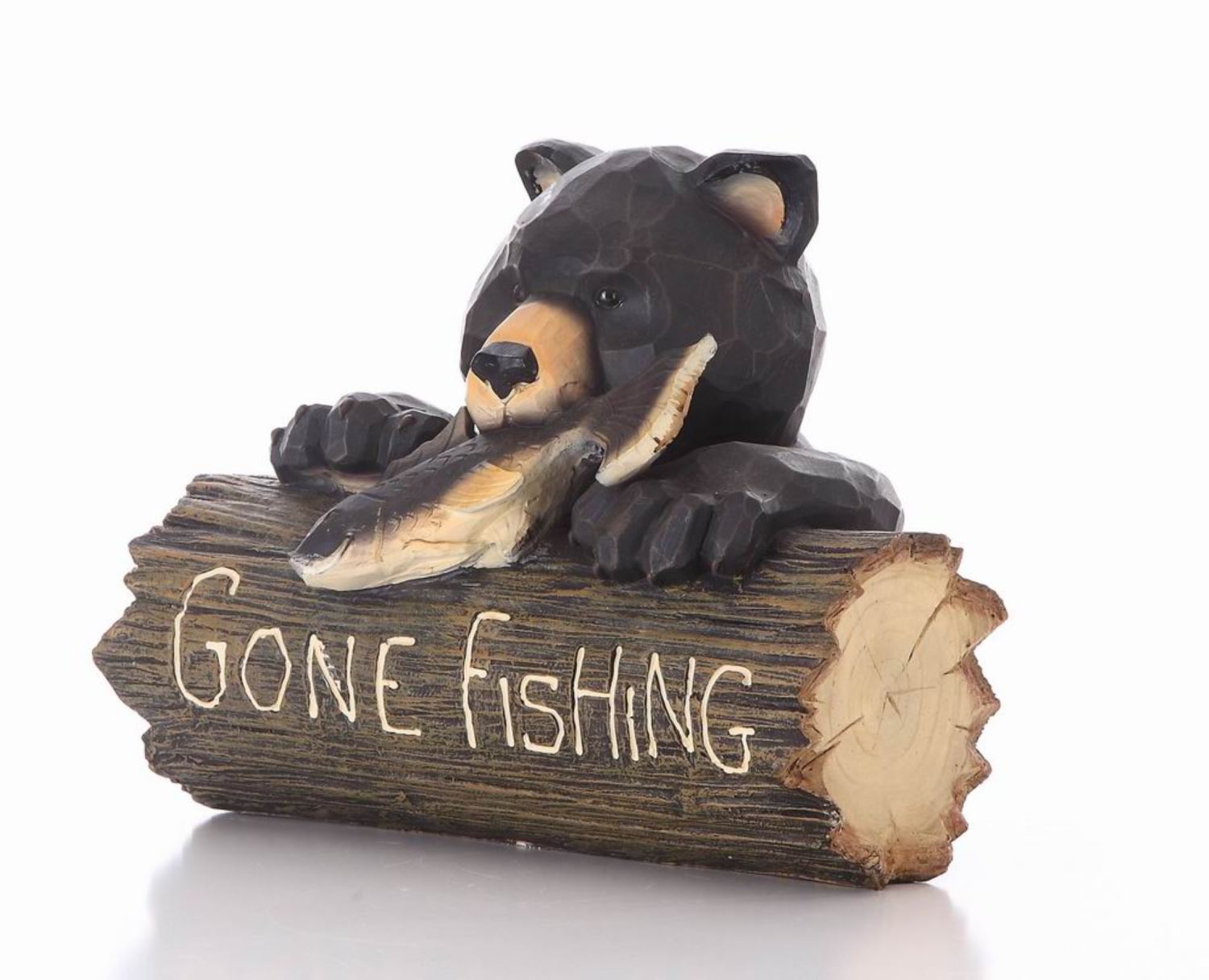 Bear Gone Fishing Statue - Black/ Brown