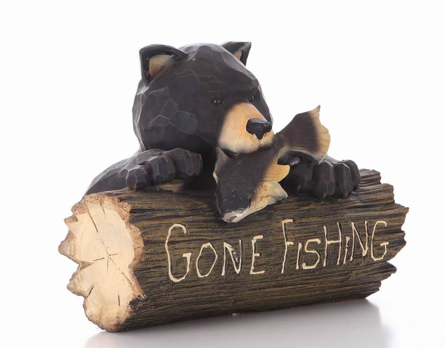 Bear Gone Fishing Statue - Black/ Brown