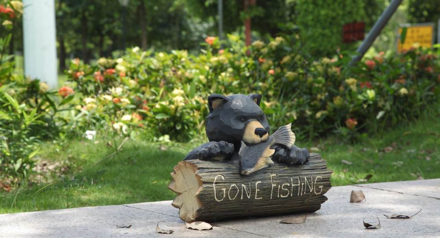 Bear Gone Fishing Statue - Black/ Brown