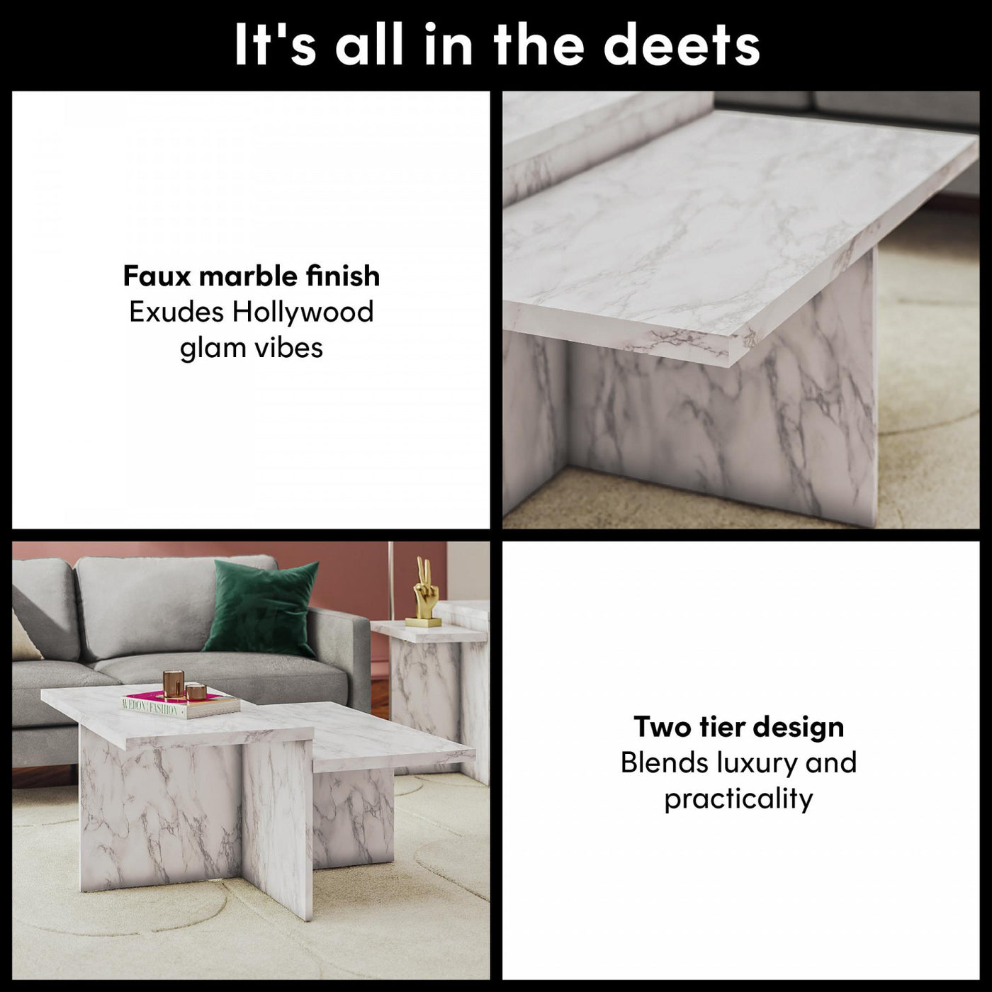 Brielle Two-Tiered Coffee Table - Faux White Marble