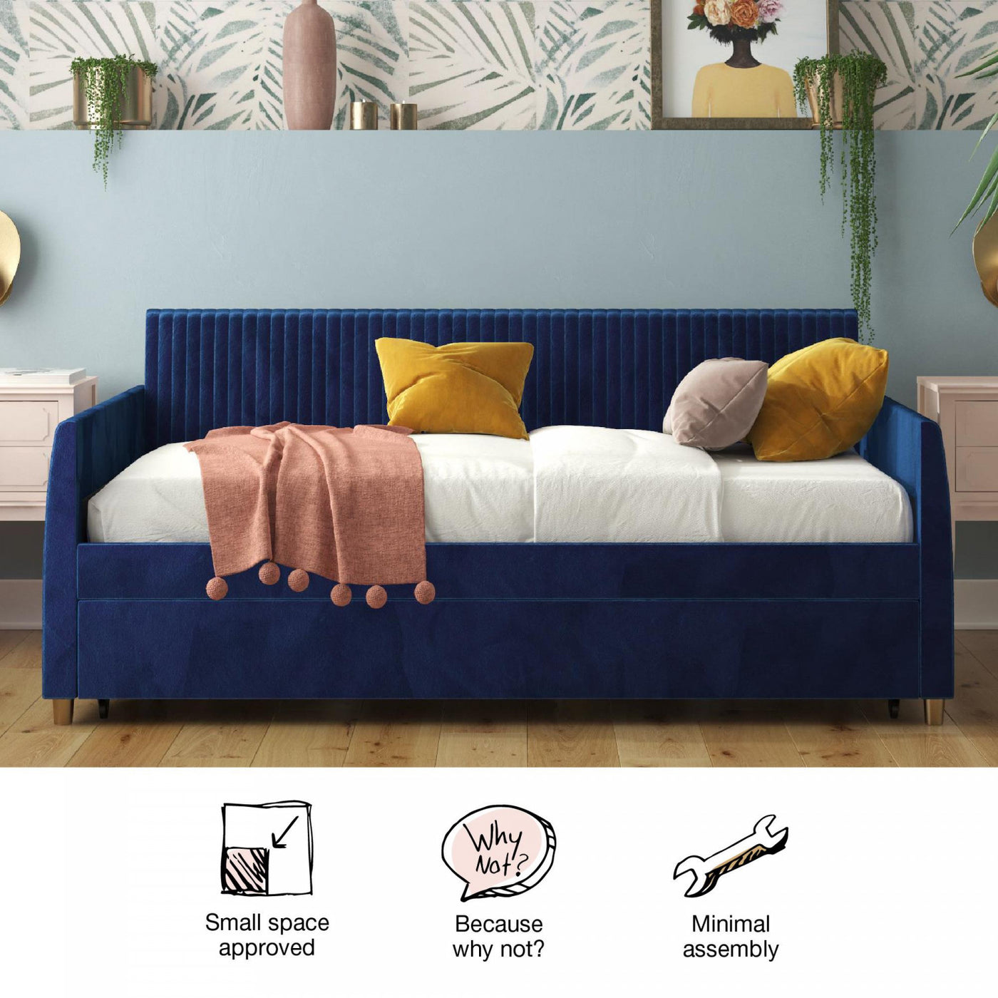 Daphne Upholstered Twin Daybed with Twin Trundle - Blue Velvet
