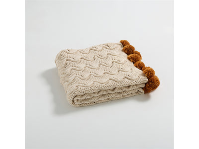 Rustic Charm Cable Knit Decorative Throw with Pom-Poms 50 x 60" - Beige, Rust
