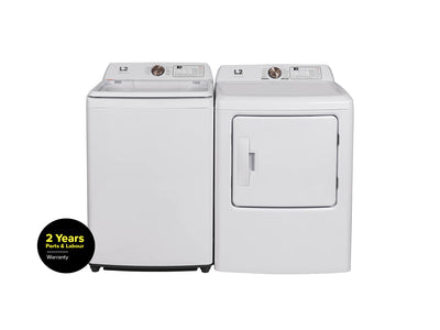 L2 White Top Load Washer with French Display (4.3 Cu. Ft) & White Electric Dryer with French Display (6.7 Cu. Ft) - LT43A3AWWFR/LE43A3AWWFR