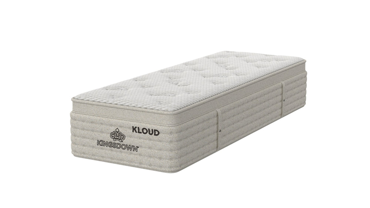 Kingsdown Atmosphere Plush Euro Top 30 x 80 in Queen Split Mattress, angled view with plush tufted top and light beige side panels