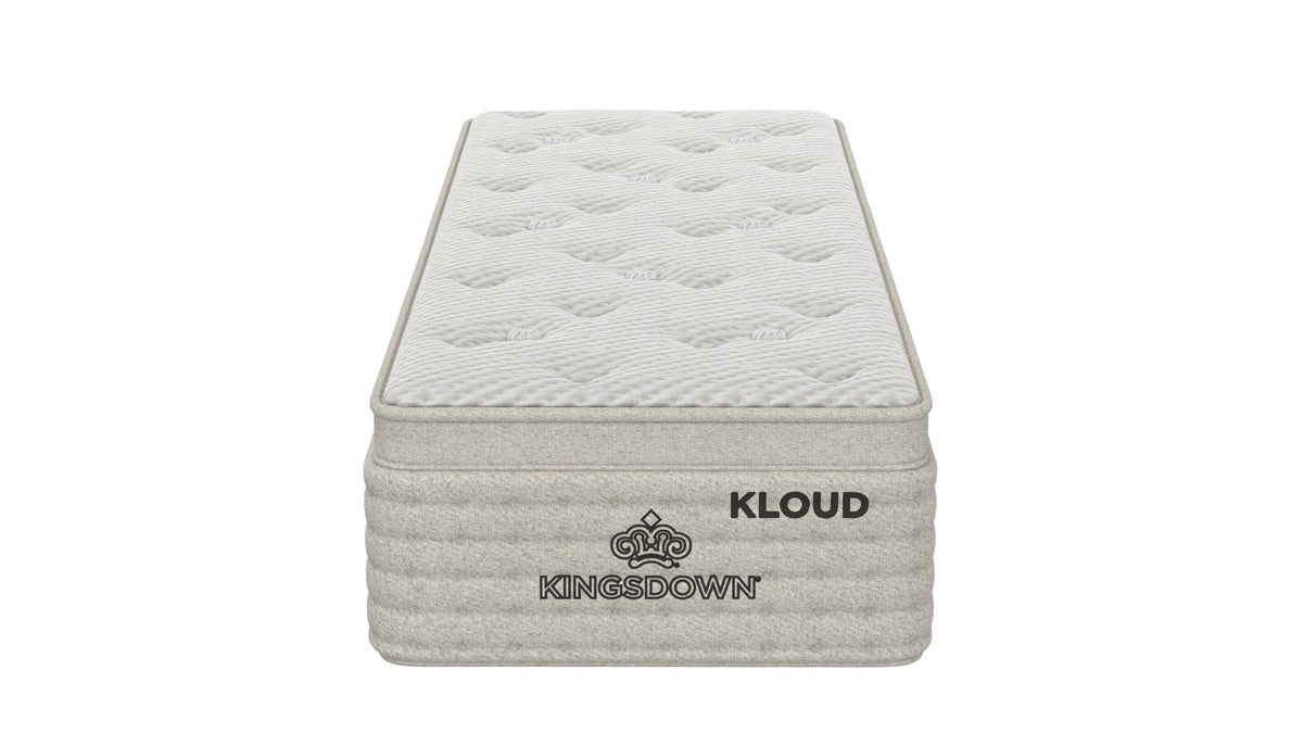 Front view of Kingsdown Atmosphere Firm Euro Top 30 x 80 in Queen Split Mattress with tufted top and Kingsdown Kloud branding