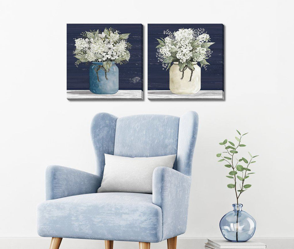 White Flowers in Blue I Wall Art - Blue/White/Green - 18 X 18