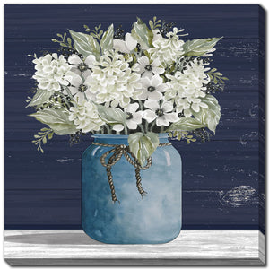 White Flowers in Blue I Wall Art - Blue/White/Green - 18 X 18