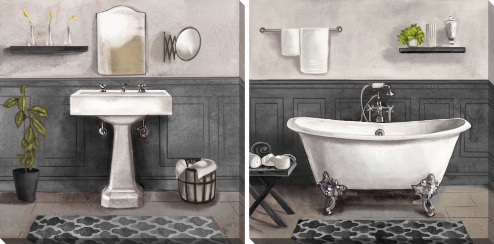 Contemporary Bathroom Wall Art - White/Grey - 16 X 16 - Set of 2