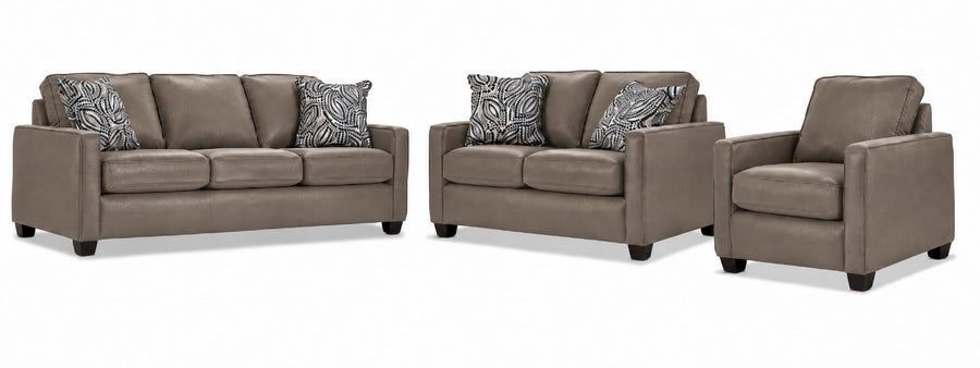City Leather Sofa, Loveseat and Chair Set - Stone with matching leather seating, patterned accent pillows and dark wood legs